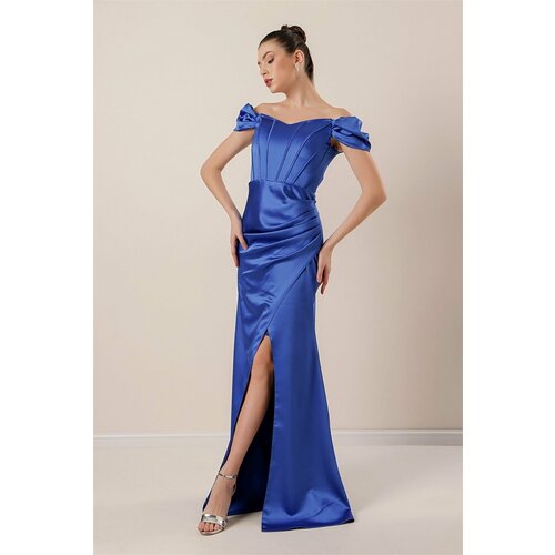 By Saygı Underwired Long Satin Dress with Pleats and Lined Saks Slike