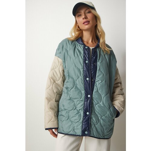 Happiness İstanbul Women's Water Green Cream Block-Colored Oversize Quilted Coat Slike
