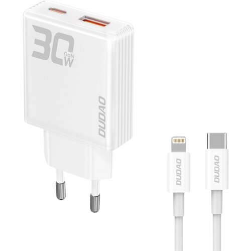 Dudao OMREŽNI POLNILEC GAN A30EUL 30W USB-A USB-C LIGHTNING KABEL BEL, (21974859) Cene