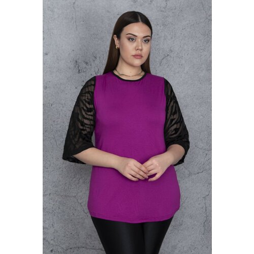 Şans Women's Plus Size Purple Flocked Sleeves Tulle Detail Viscose Blouse Slike