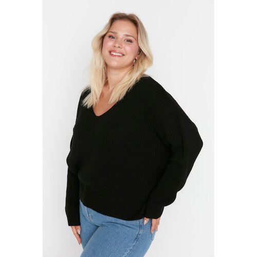 Trendyol Curve Black V Neck Low Shoulder Knitwear Sweater Slike