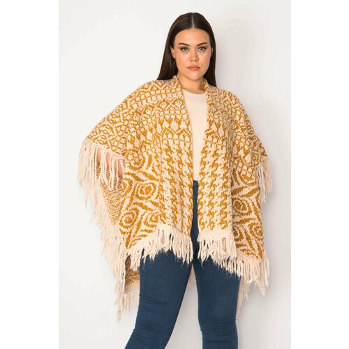 Şans Women's Plus Size Saffron Shawl Pattern Tassel And Silvery Detailed Thick Knitwear Poncho Slike