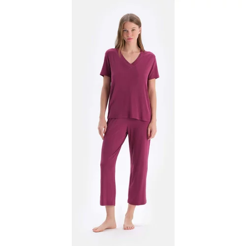 Dagi Burgundy Short Sleeve V Neck Basic Viscose T-Shirt Trousers Pajamas Set