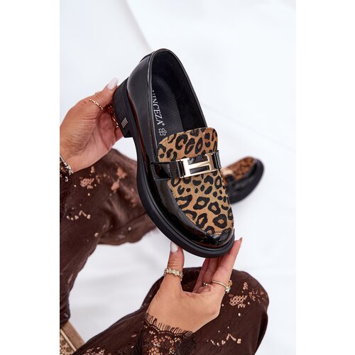 VINCEZA Leather Patent Loafers Leopard Slike