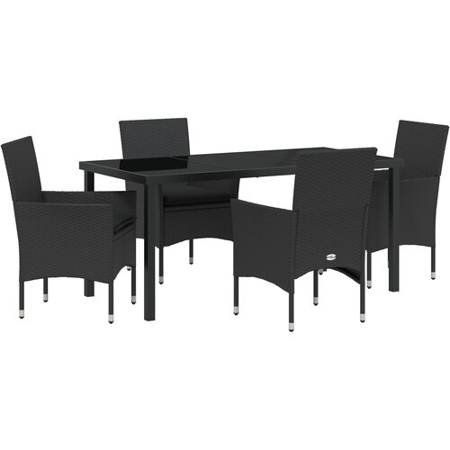 VidaXL 5-dijelna vrtna blagovaonska garnitura s jastučićima, crni poli ratan, vrtni stol, crni 160x80x73 cm, kaljeno staklo Slike
