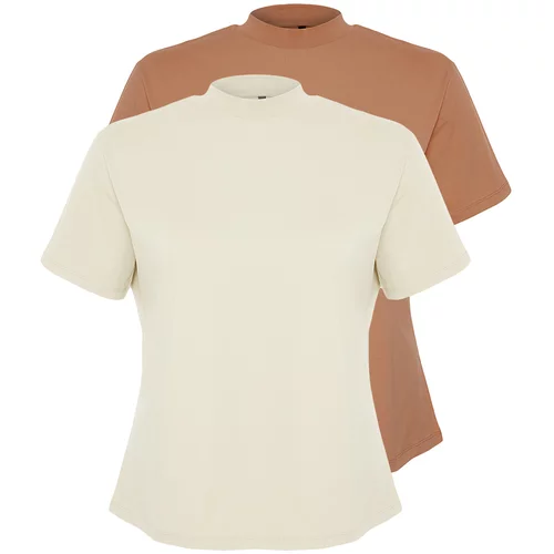 Trendyol Curve Beige-Mink 2-Pack 100% Cotton Basic High Neck Knitted T-Shirt