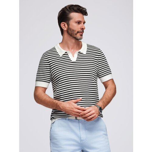 Ombre Men&amp;#039;s knitted buttonless polo shirt with navy stripes - black and white Slike