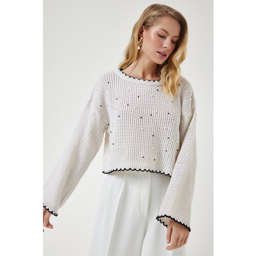  Women&amp;#039;s Cream Pearls Openwork Seasonal Crop Knitwear Sweater Slike