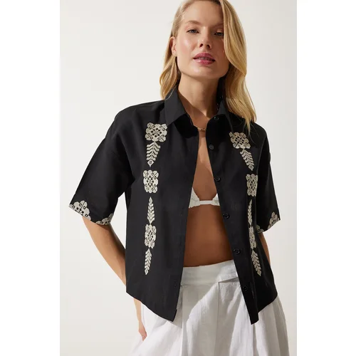  Women's Black Embroidered Short Linen Shirt RG0009