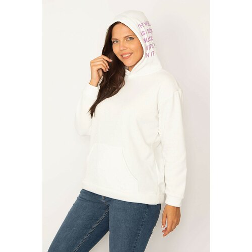 Şans Women's Plus Size White Hooded Kangaroo Pocket Raising Fleece Sweatshirt Slike