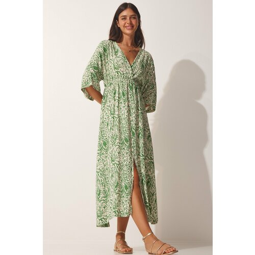 Happiness İstanbul Women's Light Green Deep V-Neck Summer Long Viscose Dress Slike