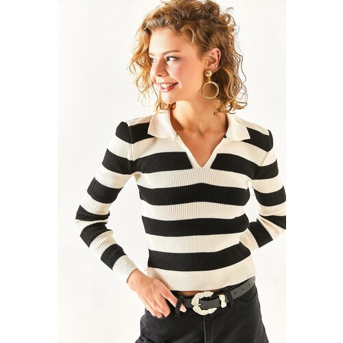 Olalook Women&amp;#039;s Ecru Polo Neck Thick Striped Knitwear Blouse Slike