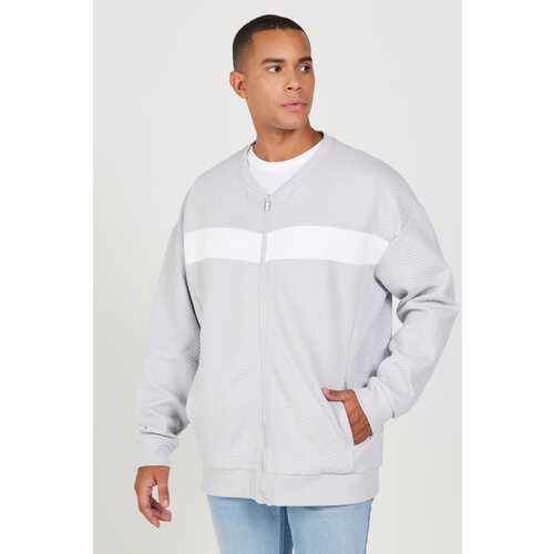AC&Co / Altınyıldız Classics Men's Light Gray Oversize Loose Cut Fleece Inside 3 Thread College Collar Patterned Sweatshirt Jacket Slike
