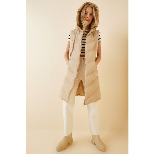  Women&amp;#039;s Cream Hooded Long Inflatable Vest Slike