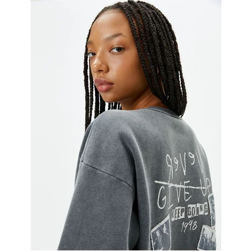 Koton Printed Back Sweatshirt Faded Effect Crew Neck Raised Cotton