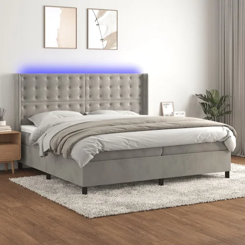 vidaXL Krevet box spring s madracem LED svjetlosivi 200x200 cm baršun