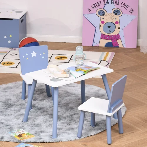 HOMCOM Otroška miza in stoli za otroke od 2 do 4 let v svetlo modri in beli barvi lesa, komplet 3 kosov, (20744987)