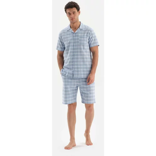 Dagi Pajamas with a light blue shirt collar and plaid woven shorts.