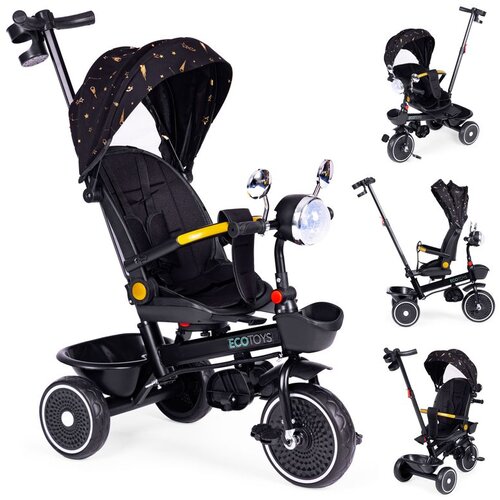 ECO TOYS Dječji tricikl sa okretnim sjedalom, ručkom za guranje, crna, Slike