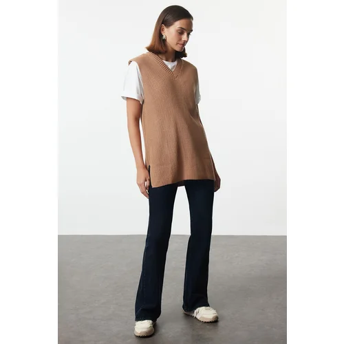 Trendyol Camel Basic V-Neck Knitwear Sweater