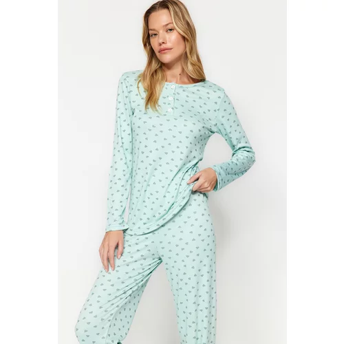Trendyol Mint Heart Patterned T-shirt-Pants and Knitted Pajamas Set