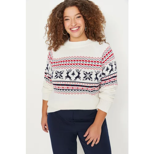 Trendyol Curve Ecru Deer Patterned Raglan Sleeve Knitwear Sweater
