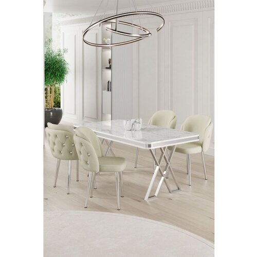 Hanah home Rigel - White, Chrome, Cream WhiteChromeCream Dining Table & Chairs Set (5 Pieces) Cene