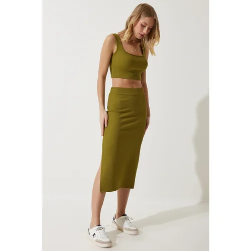  Women's Oil Green Strappy Crop Pencil Skirt Knitted Set