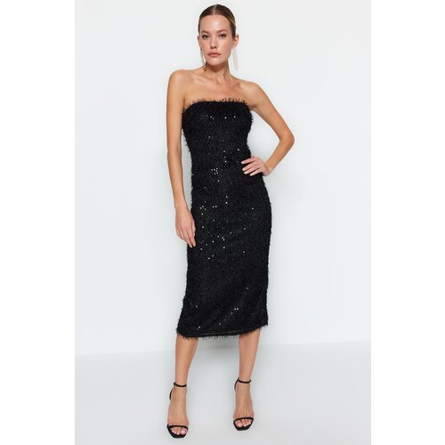 Trendyol Black Fringed Sequin Evening Dress Slike