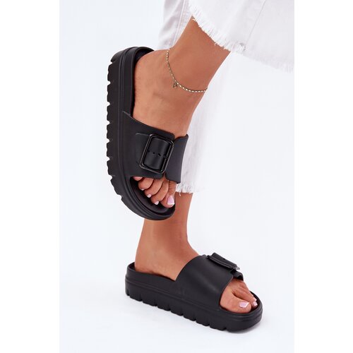EVENTO Womens Foam Slippers On Platform With Buckle Black Viasara Slike