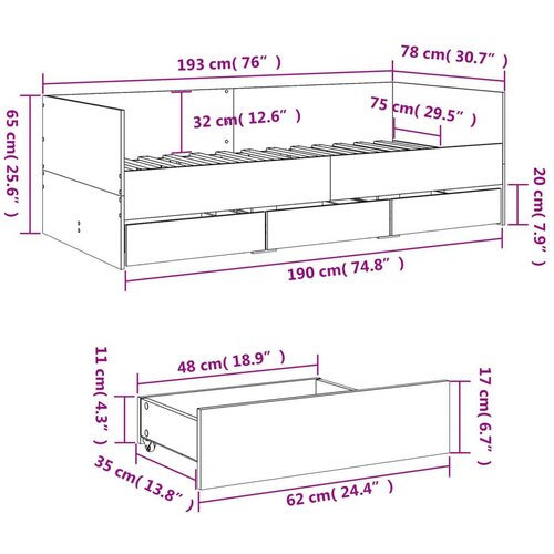 VidaXL Dnevni krevet s ladicama boja dimljenog hrasta 75x190 cm drveni Slike