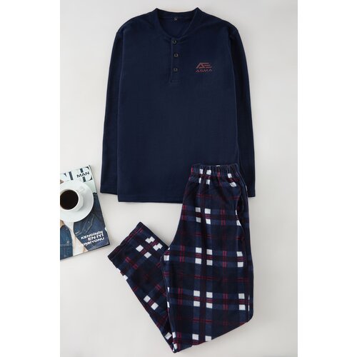 Trendyol Dark Navy Plaid Polar Soft Texture Knitted Pajama Set Slike