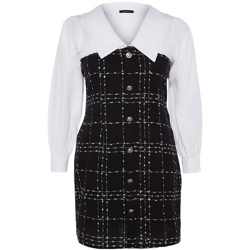 Trendyol Curve Black Plaid-Check Tweed Plus Size Dress Slike