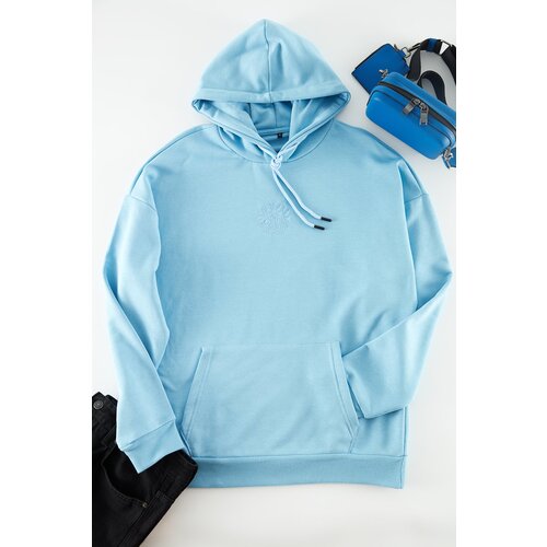 Trendyol Men&amp;#039;s Blue Oversize Hooded Floral Embroidery Sweatshirt Slike