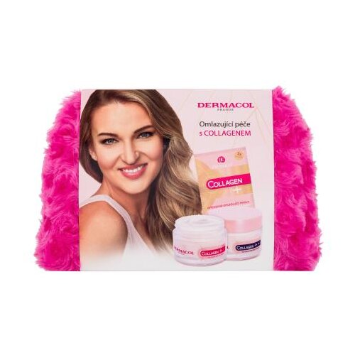 Dermacol Collagen+ set: dnevna krema za obraz Collagen Rejuvenating Day Cream SPF10 50 ml + nočna krema za obraz Collagen Rejuvenating Night Cream 50 ml + maska za obraz Collagen Intensive Rejuvenating Mask 2 x 8 ml + kozmetična torbica za ženske Cene