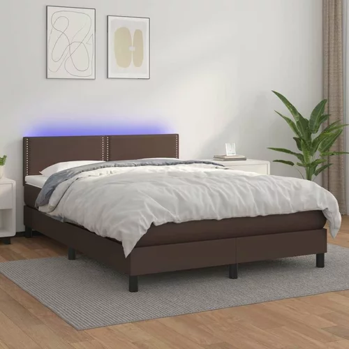  Box spring postelja z vzmetnico LED rjava 140x200 cm um. Usnje, (20724311)