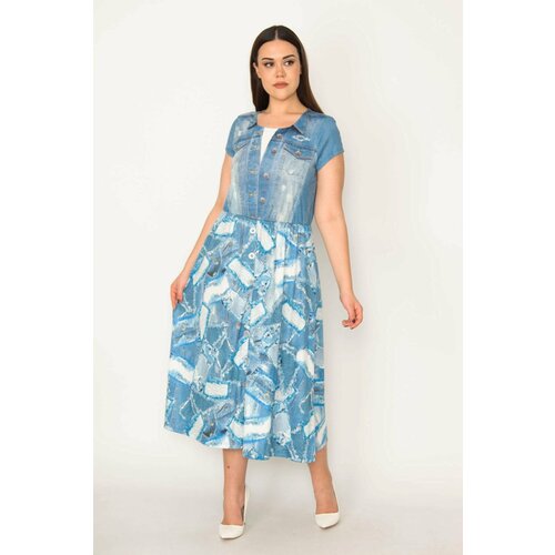 Şans Women's Plus Size Blue Print Detailed Crew Neck Short Sleeve Dress Slike