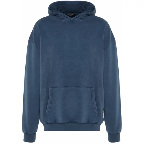 Trendyol Indigo Men's Limited Edition Basic Relaxed Fit Hoodie with Washing Effects 100% Cotton Sweatshirt.
