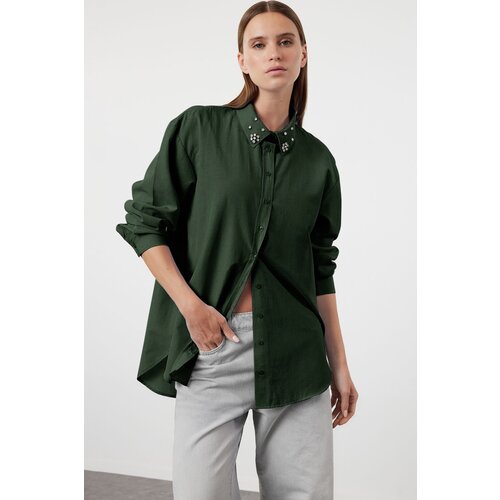 Trendyol Dark Green Oversize Woven Shirt with Stone Detail on Collar Slike