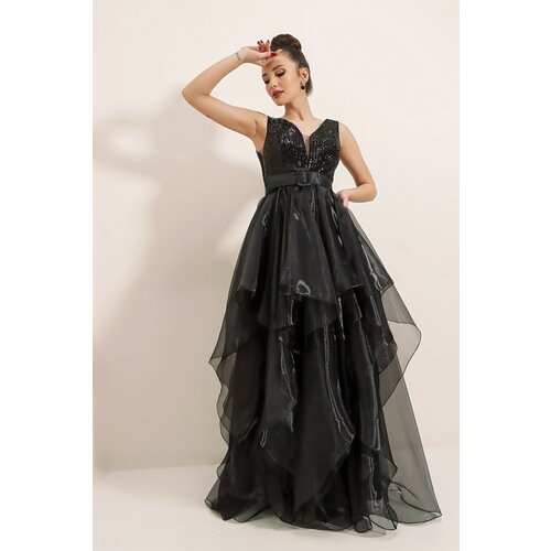 By Saygı Sequined Top, Sleeveless. Waist With Belt Lined Organza Long Dress Black. Slike