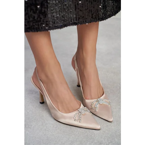 NİŞANTAŞI SHOES Karina Beige Satin Women's Heeled Shoes with Stone Detailed.