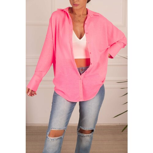 armonika Women's Neon Pink Oversize Textured Linen Look Wide Cuff Shirt Slike