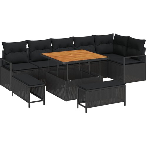 VidaXL 9-dijelni set vrtnog namje&amp;scaron;taja s jastucima crni poliratan akacija, 2-sjedalna sofa s pohranom i jastucima crni poliratan, 3-dijelni set vrtnog blagovanja s jastucima crni poliratan akacija Slike