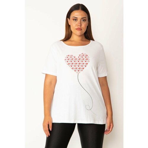 Şans Women's Plus Size White Cotton Fabric Heart Printed Blouse Slike