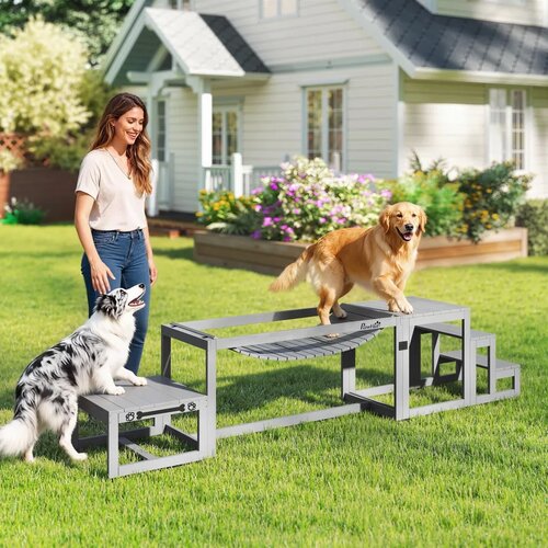  Set za agility za pse 3-dijelni set opreme za agility s mostom stepenicama platformom jelovim drvom 117 x 50 x 56 cm siva Slike