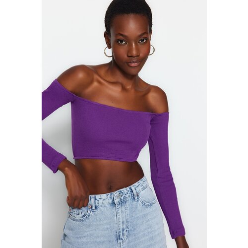 Trendyol Purple Fitted/Situated Super Crop Carmen Collar Corduroy Stretch Knitted Blouse Slike