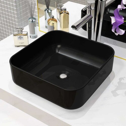 vidaXL Keramični umivalnik kvadratne oblike črne barve 38x38x13,5 cm Cene