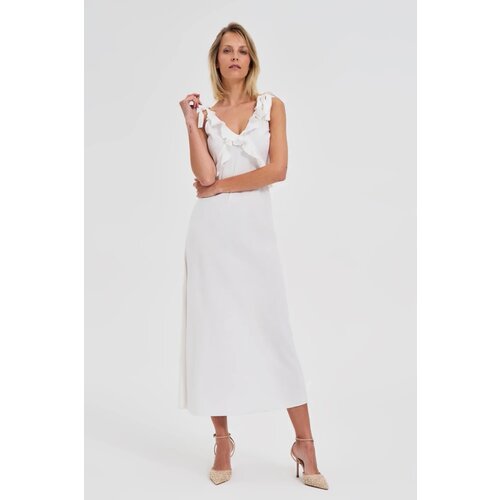 Marisse White Midi Dress With Ruffles On The Neckline Slike