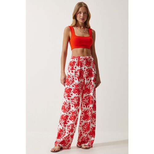  Women Ecru Red High Waist Summer Wide Viscose Trousers Slike