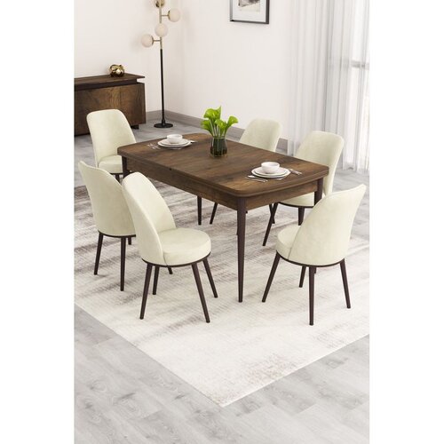 Hanah home trpezarijski set Nix, sto na razvlačenje i 6 stolica, ploča u dekoru drveta Baroque, krem tkanina Babyface Cene